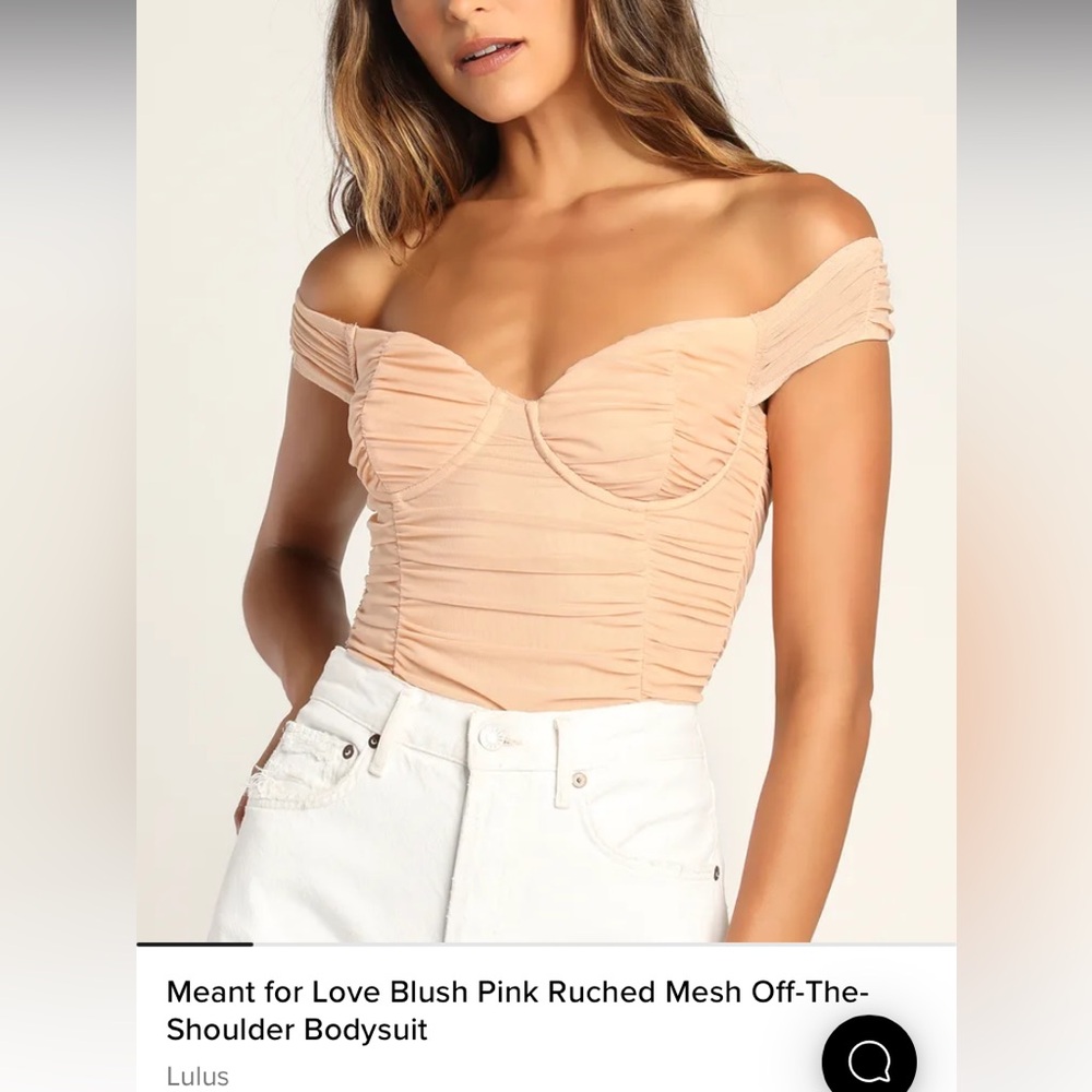 Lulus “Meant for Love Blush Pink Ruched Mesh Off-The-Shoulder Bodysuit”